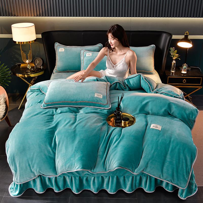 Solid color milk fleece four-piece set, winter thickened warm student dormitory bed sheet four-piece set