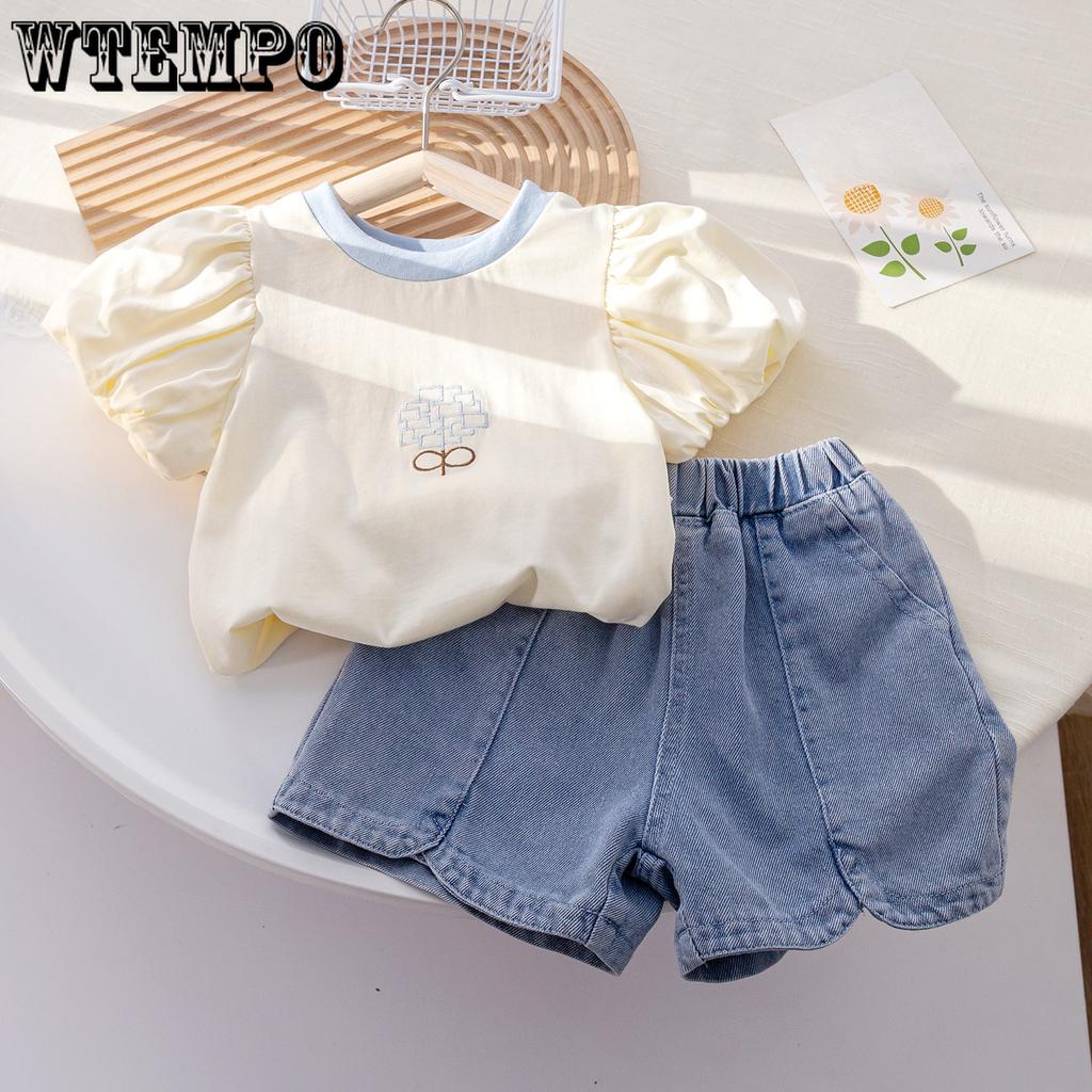 Girls' Korean Set Short Sleeved T-shirt Summer Simple and Versatile Denim Shorts Children's Two-piece Set Trendy