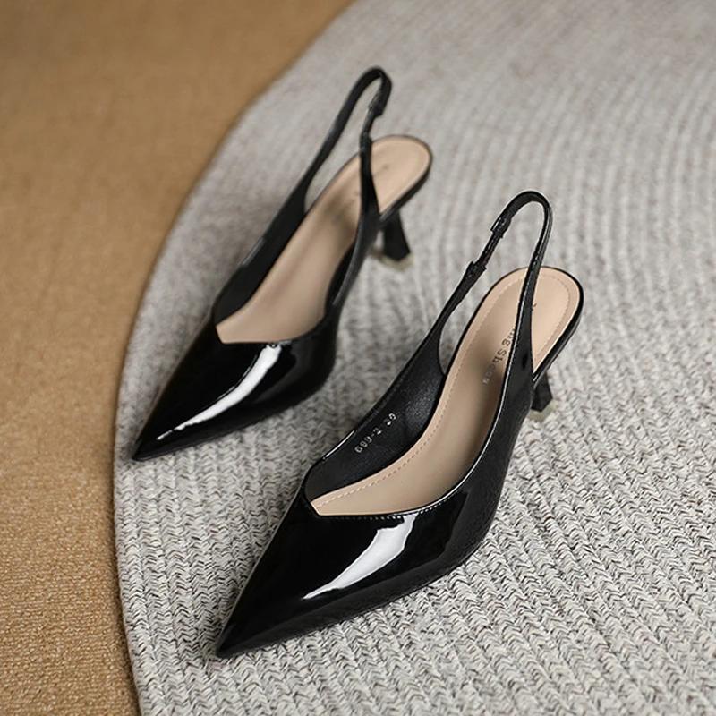 Elegant Slingback High Heels Sandals Woman Rear-Strap Shoes Ladies Office Dress Shiny Leather Pumps Pointed Toe Cut-Out Tacones