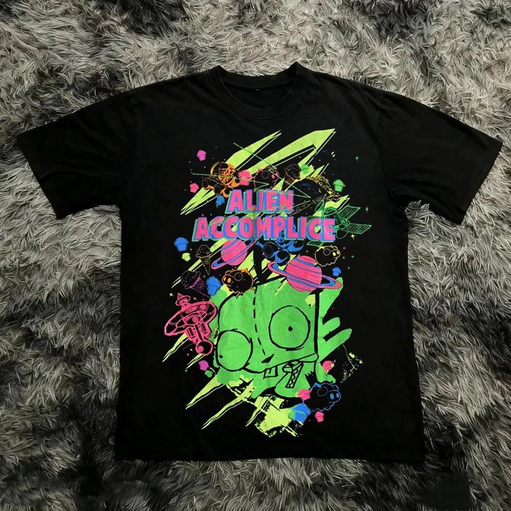 Retro High Street Graphic Print Tee Vintage Invader Zim Cartoon Print Short Sleeve 90s Nostalgia Summer Y2k Streetwear Unisex