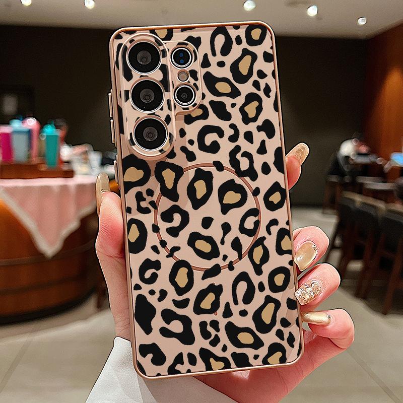 Magnetic For Magsafe Case For Samsung Galaxy S26 Ultra S25 Edge S24 Plus S23 FE S22 A54 A55 A56 5G Yellow Leopard Print Matte Cover