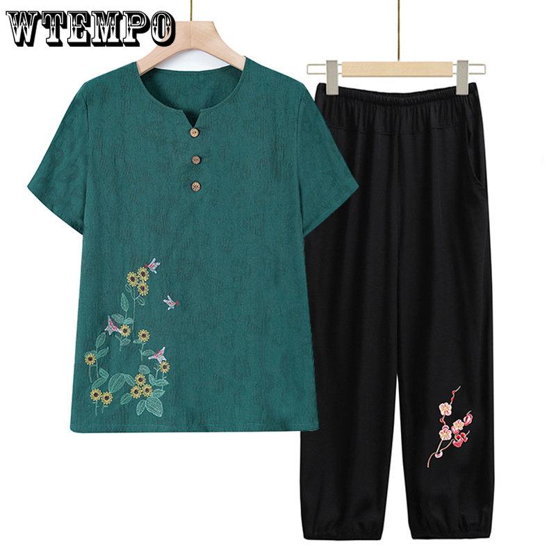 Sommer-Kurzarmanzug für Mütter und Omas, zweiteiliger Anzug aus Baumwolle und Leinen für ältere und mittlere Menschen, große Größen, T-Shirt und Oberteil, lässiger Hosenanzug