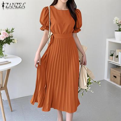 Robe d'été plissée décontractée à col rond et manches courtes pour femme