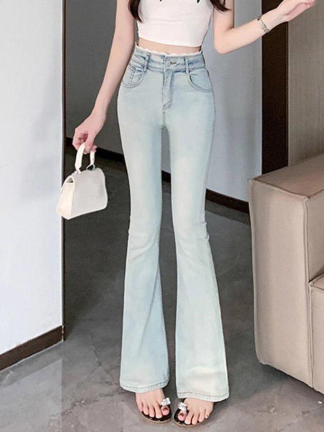 

Женские джинсы микро-клеш с высокой посадкой, с эффектом стирки, 2025 - Длина в пол, стройнящие, повседневный летний стиль Large синий