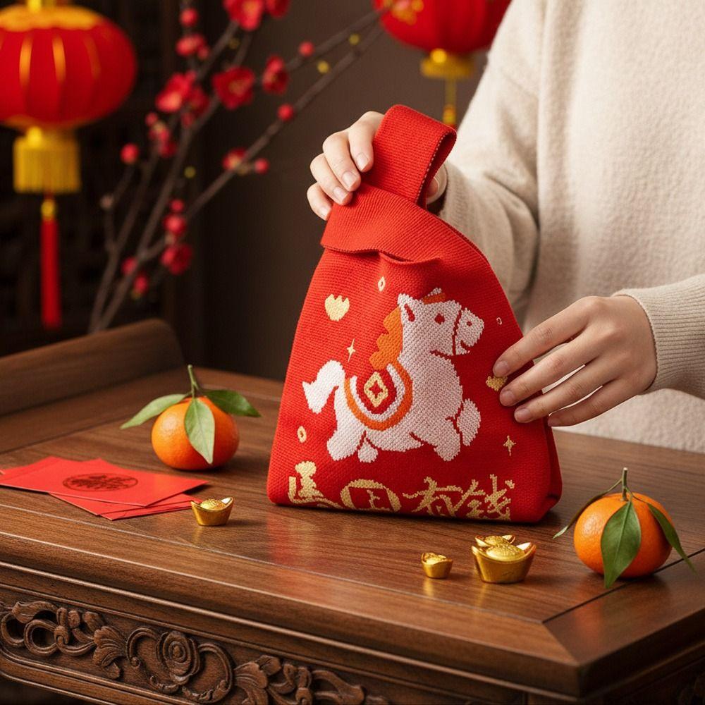 Large Capacity Knitted Handbag Cartoon Pattern Chinese Style Knot Wrist Bag Red Color Weave Pattern Woven Bag Year of the Horse