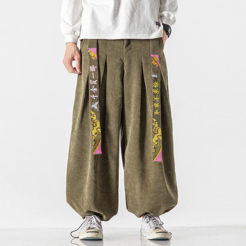 Chinesischen Stil Männer Cord Hosen Herren Stickerei Hip Hop Breite Bein Harem Hosen Männer Winter Streetwear Casual Hanfu Hosen