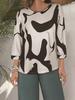 Damen Abstract Print U-Ausschnitt Lockerer Schnitt Oberteil Dreiviertelarm Lässige Bluse T-Shirt