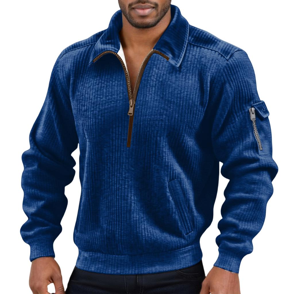 Men's Color Corduroy Zipper Neck Long Sleeve Top Men's Casual Lapel Top