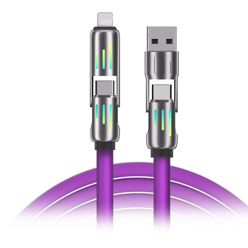 

4 в 1 зарядное устройство с несколькими разъемами, вращающийся локоть USB-Type-C, 1,2 м, мобильный телефон, 240 Вт, быстрая зарядка, силиконовый кабель, передача данных 1m фиолетовый