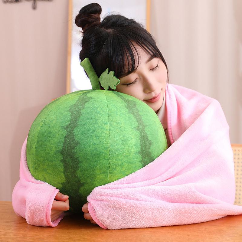 Simulated Watermelon Throw Pillow Blanket Creative Fruit Plush Toy Two-In-One Air Conditioner Blanket Cushion For Children And Women