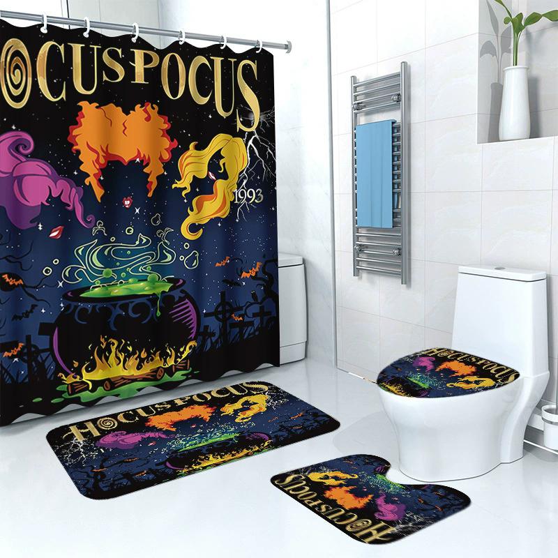Hot 4Pcs Halloween Shower Curtain Set with 12 Hooks & Toilet Mat, Spooky Bat Ghost Print Waterproof Bathroom Decor for Housewarming