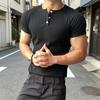 Hauts Homme Col en V Boutons Demi-Patte Manches Courtes T-shirt Couleur Unie Coupe Ajustée Été Extensible T-shirt Usage Quotidien