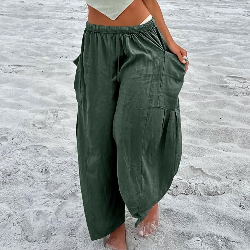 Damen Plus Size Leinenhose mit weitem Bein, mittlere Taille, Sommer-Baggy-Hose