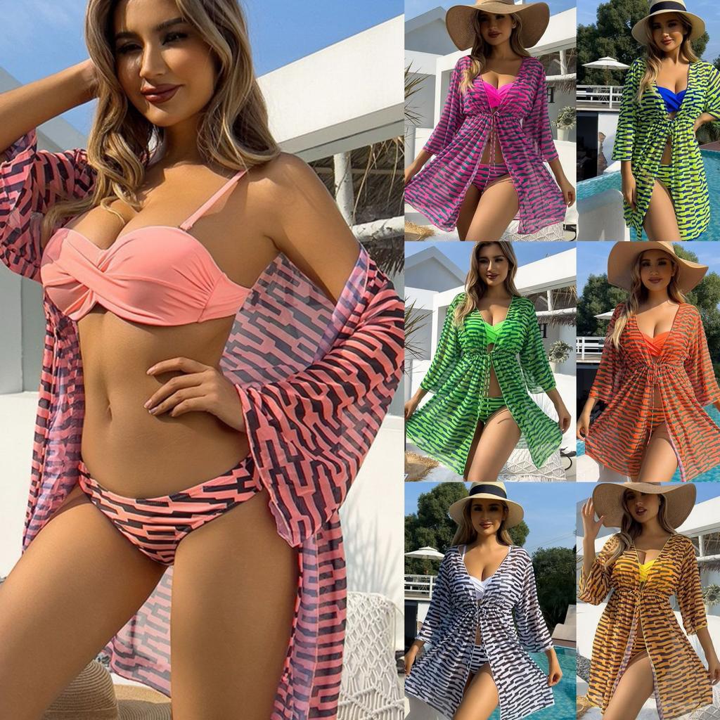 Women's Fashion Sexy 3 Pieces Sun Protection Swimwear Set Push Up Lace Up Back Top Briefs Long Sleeves Mesh Cover-Up Swimsuit Printed Bathing Suit