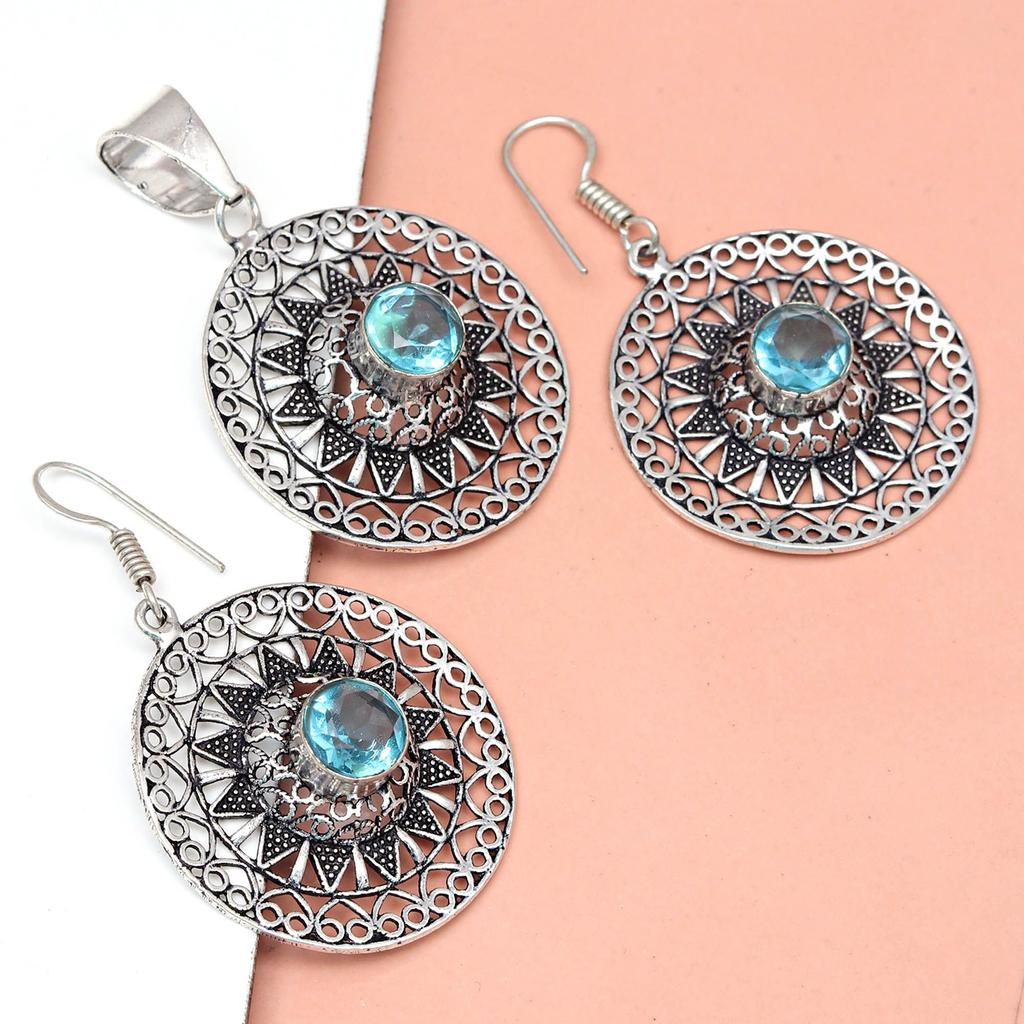 Topaz Blue Pendant Sky Earrings Set Sterling Jewelry Ring Earring