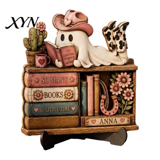 Creative Desktop Ornament Halloween Reading Ghost Figurine, Retro Wooden Statue, Vintage Magic Theme Tabletop with Stacked Book for Home Office Shelf