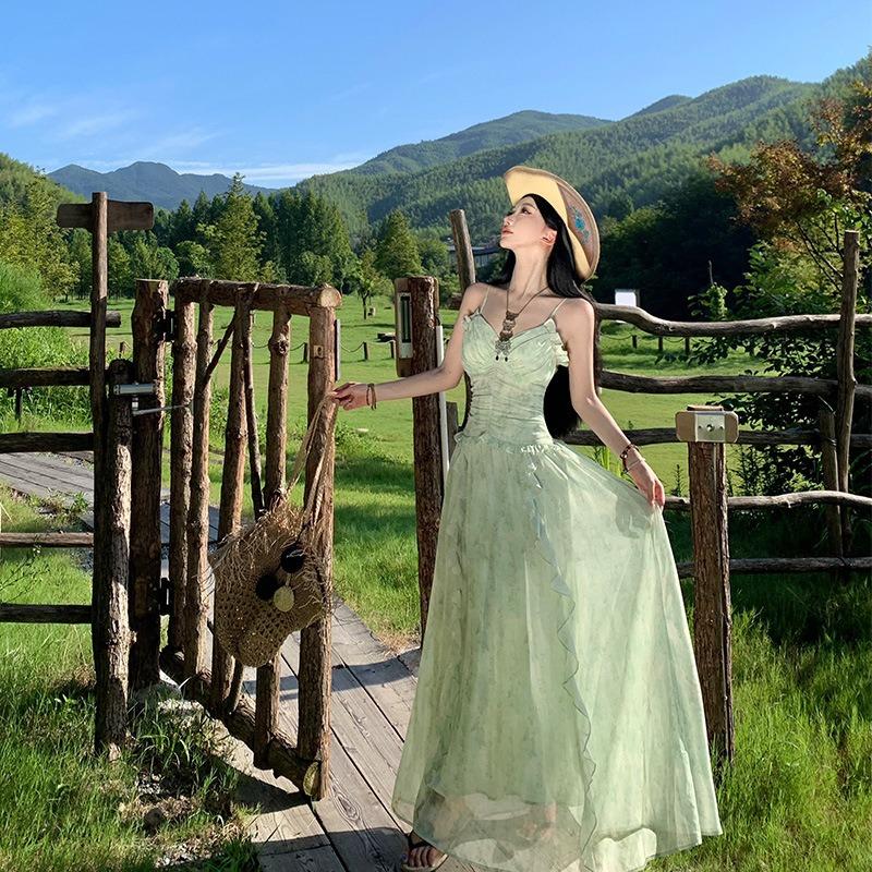 Französisches Urlaubs-Blumen-Latzkleid Feen-Sommerkleid Rüschenkanten-Design Super Feenhaftes Temperament Langes Kleid