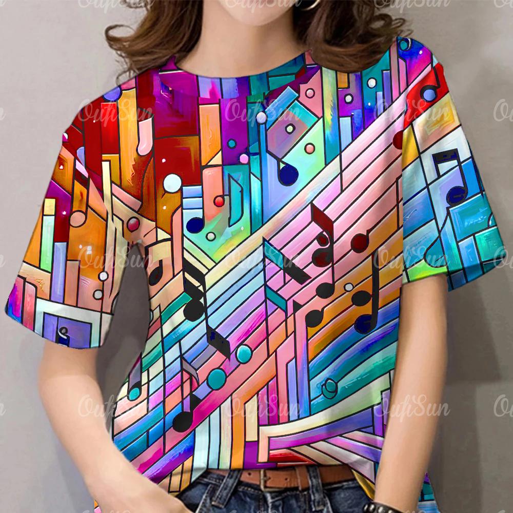 Summer Women's T-Shirt Fashions Colour Note Round Neck Tops Geometric Pattern Casual Plus Size Female Clothing Designer Tshirts