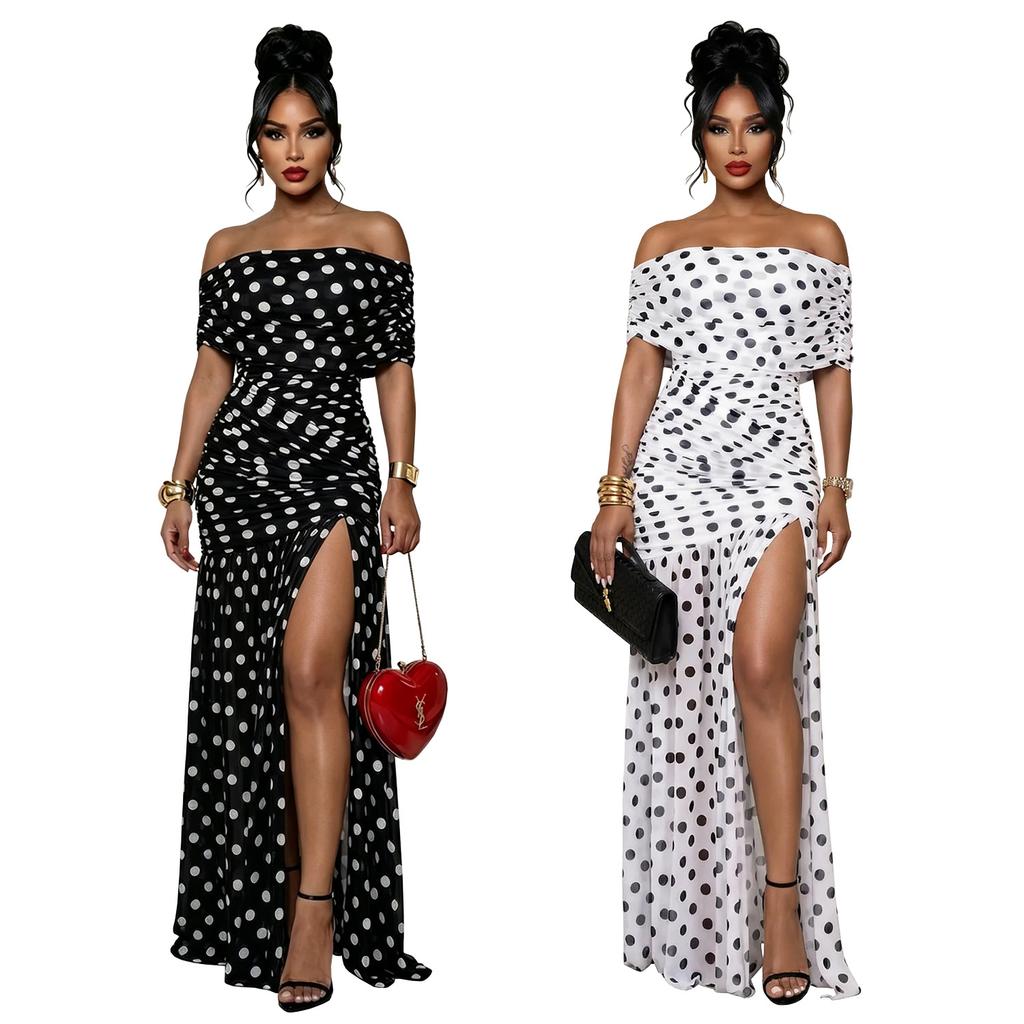 C European and American fashion women's clothing polka dot split pleated vacation hip dress