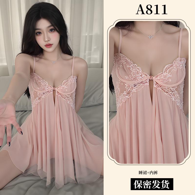 Sexy Lingerie Lace Pajamas Sexy Steel Tray Gathering Front Split Nightdress Women's Uniform A Mesh Suspender