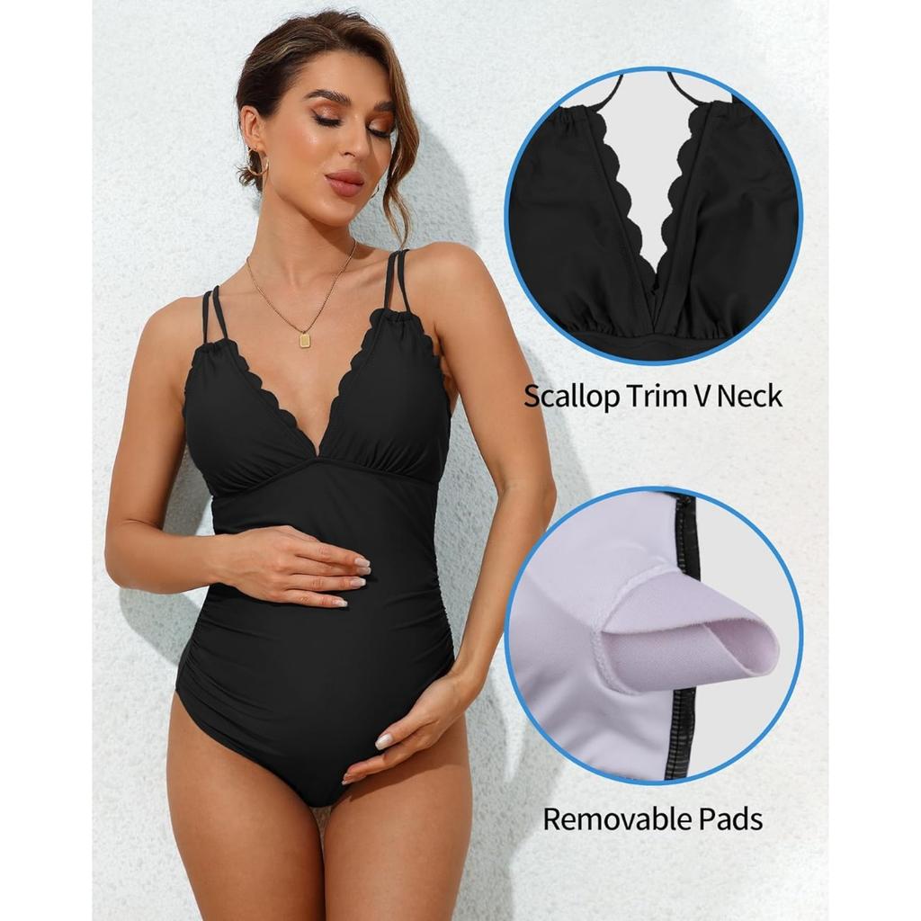 CHARMLEAKS Těhotenské plavky s vroubkovaným střihem Jednodílné Těhotenské plavky s výstřihem do V Těhotenské plavky nařasené Plavky Výstřih Kravata Zpět