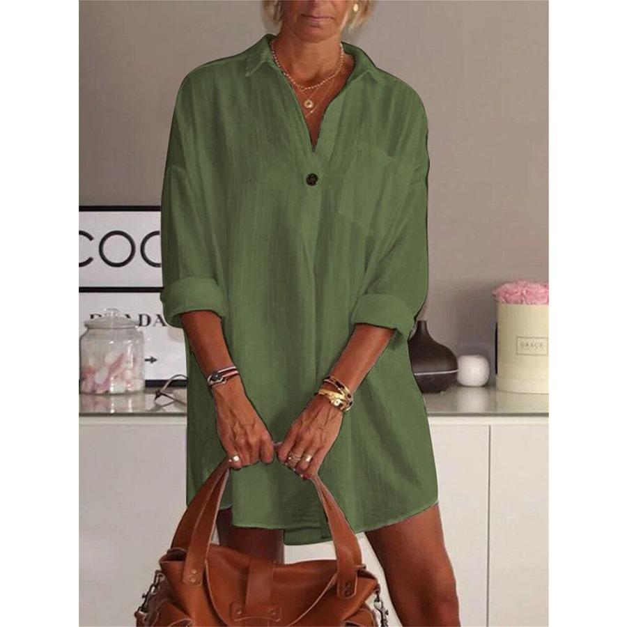 Medium Long Shirt White Pink V Neck Long Sleeve Loose Solid Color Shirt for Women