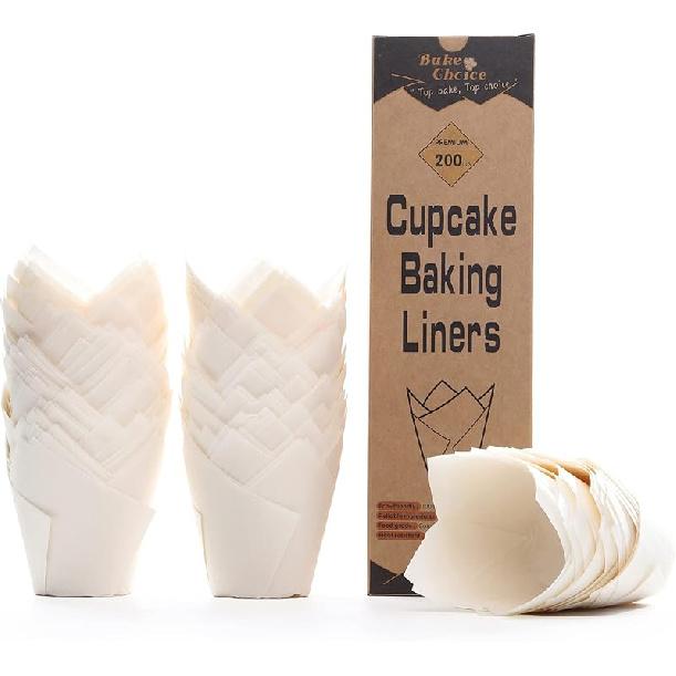 200pcs Natural Tulip Cupcake Liners for Baking Cups Unbleached European Parchment paper Tulip Muffin Liners, Cupcake Wrapper for Party, Christmas