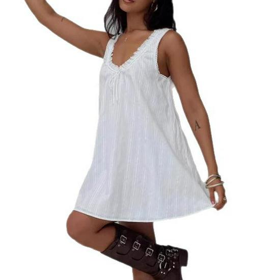 2026 Summer White Sleeveless Lace V-Neck A-Line Dress Women’s Vacation Style