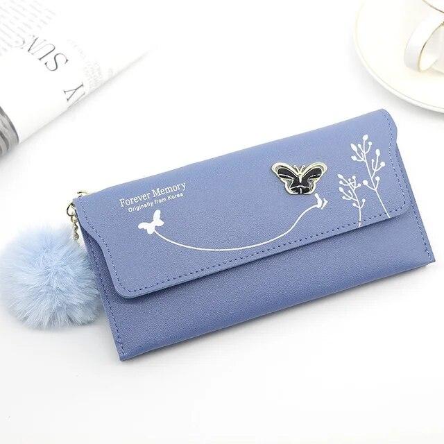 Butterfly Designer Women Long Wallets PU Leather Money Bag Solid Wool Ball Bow Clutch Bag Large Capacity Card Bag Coin Purse