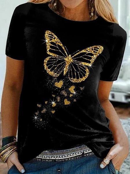 O Neck Loose Women Tshirt Ladies Tee Shirt Tops Clothes Camisetas Mujer Golden Butterfly Print Women T Shirt Short Sleeve