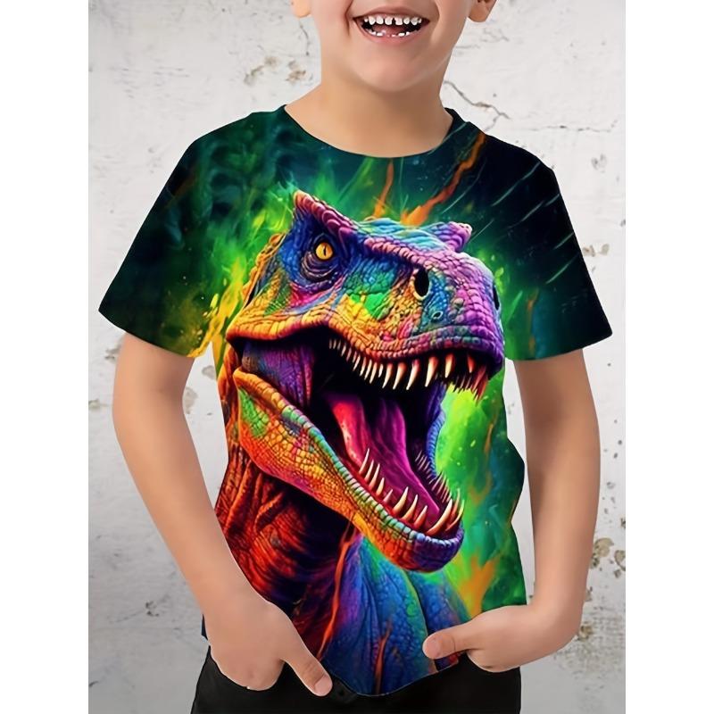 Boys' T-Shirt Realistic 3D Dinosaur Printed Children's Short Sleeved Summer Casual T-Shirt Tops Loose Tees