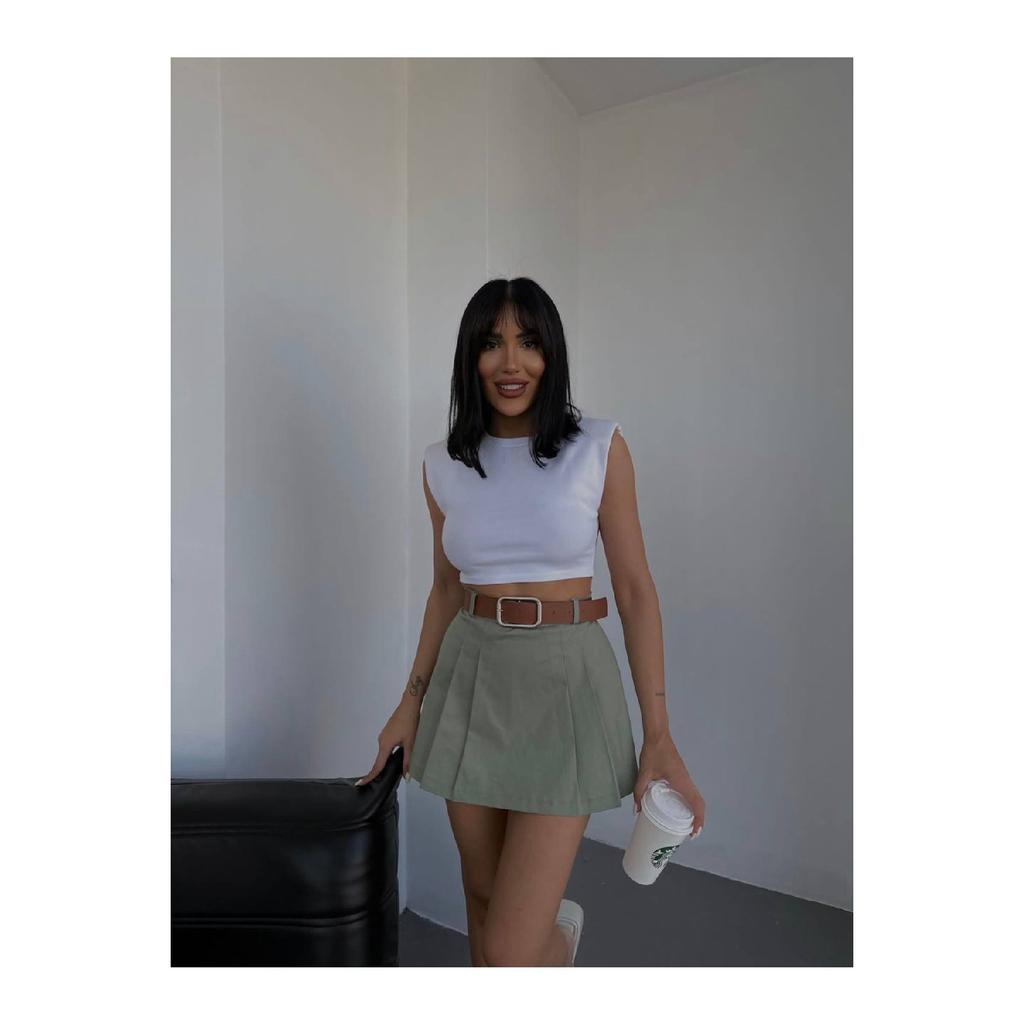 Women's Stone Pleated Belt Detailed Short Skirt