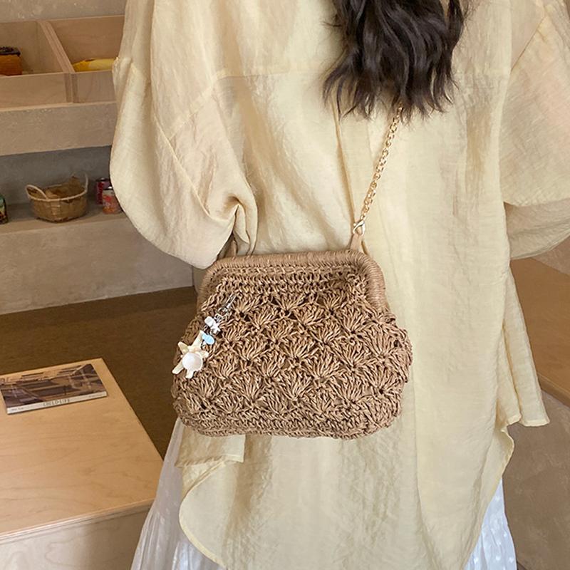 Yogodlns Women Straw Shoulder Bag Chain Strap Woven Crossbody Bags Large Capacity Cloud Clutch Purse Stylish Solid Color Beach Handbags
