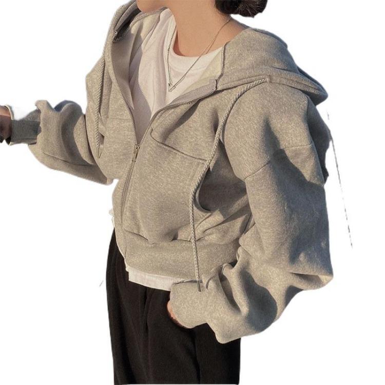 Vintage Korean Women's Oversized Zip Up Hoodie Jacket Long Sleeve Solid Color Harajuku Fashion Autumn Hooded Sweatshirt