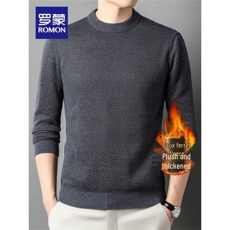 ROMON Men's Warm Fleece-Lined Round Neck Knit Sweater