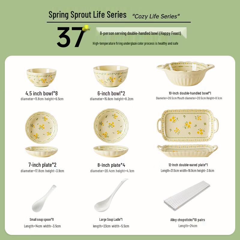 Spring Bloom Underglaze Ceramic 37-Piece Dinnerware Set