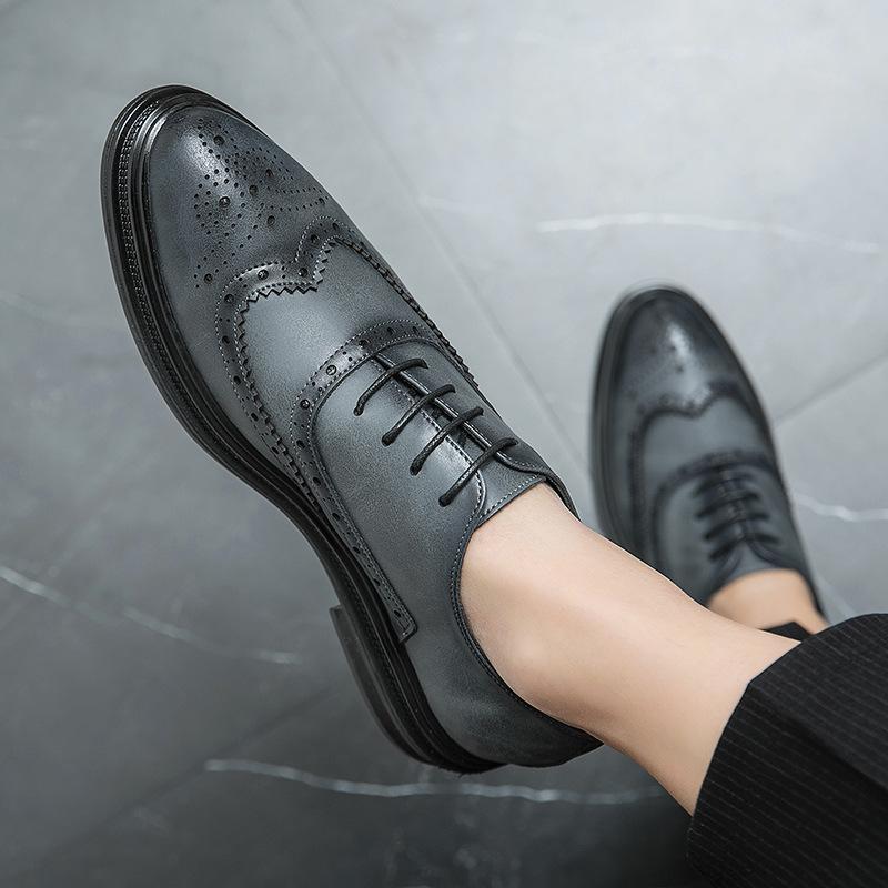 Leather shoes men's new autumn and winter British Brock carved retro business dress gray casual shoes