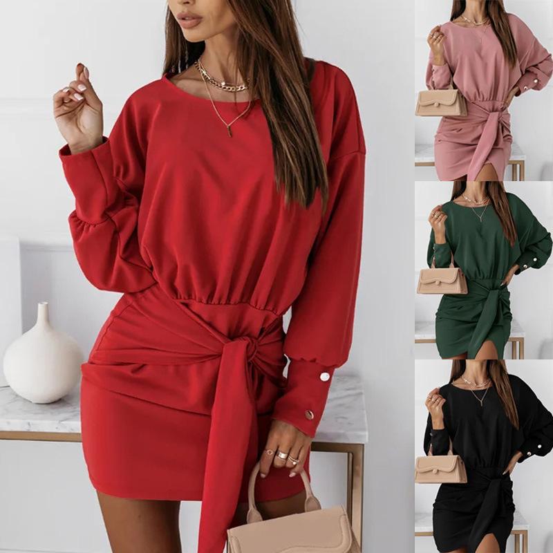 

Осеннее модное сплошное цветное платье с длинными рукавами, женское повседневное мини-платье на бедрах