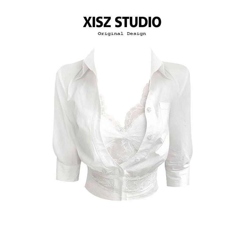 

Pure Desire Style White Polo Collar Lace Three-Quarter Sleeve Shirt for Women, Spring and Summer Elegant and Sexy Short Crop Top with Exposed Navel White [High Quality] S