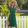 2026 Summer Polka Dot Pleated Lace-up Dress - Mid-length Casual Short-sleeved Style for European and American Markets