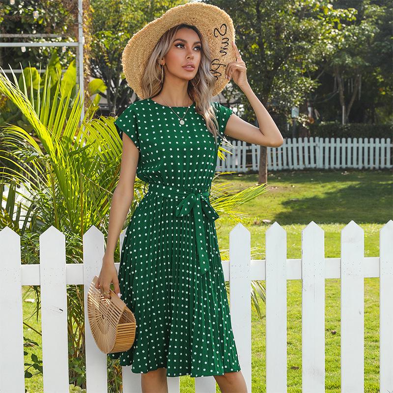 2026 Summer Polka Dot Pleated Lace-up Dress - Mid-length Casual Short-sleeved Style for European and American Markets