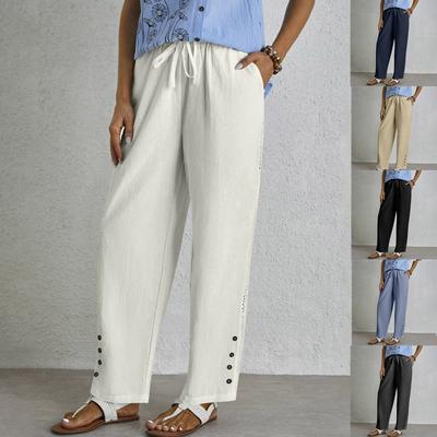 2025 New Cotton and Linen Drawstring Pocket Lace Button Ladies Casual Pants