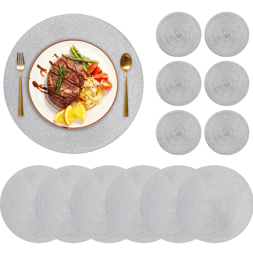 Sets 6 Woven Table Placemats and Coaster 34CM Round Cotton Dinner Table Mats Anti Slip Heat Resistant Easy Clean Place Mats