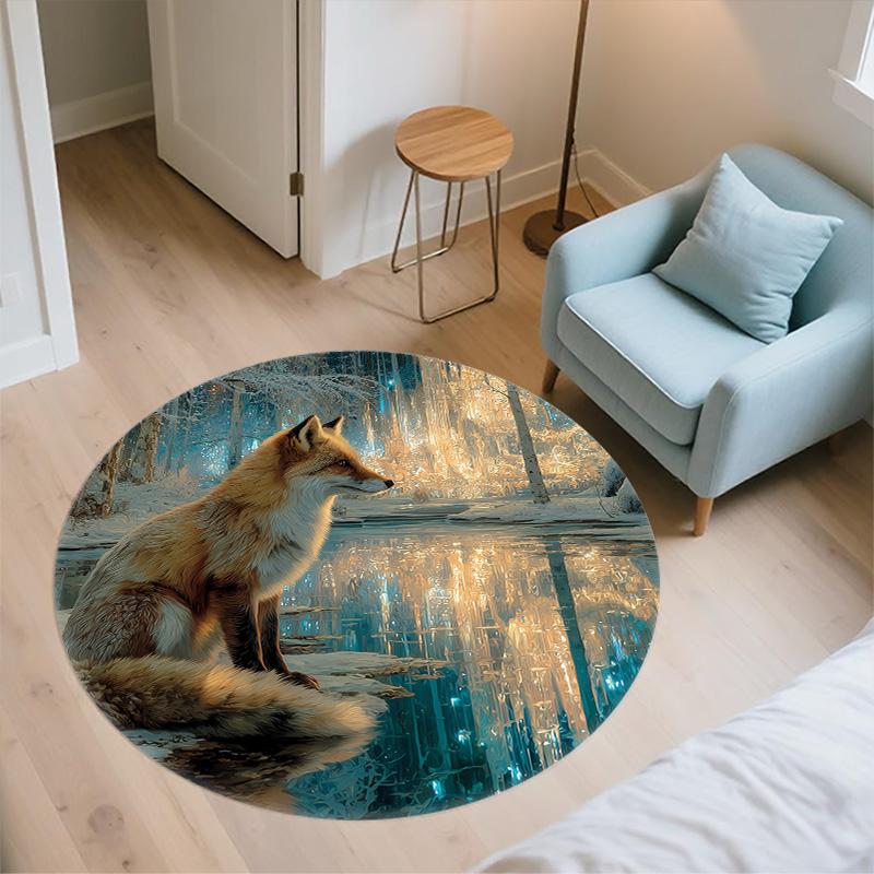 Ice Fox,Round Area Rug,Carpet Rug for Living Room Bedroom Sofa Playroom Decor,Non-slip Floor Mat