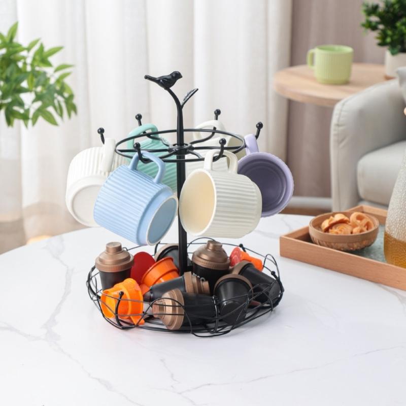 Multi Tiers Rotating Cup Shelf Iron Construction Vertical Stackable Design Coffee Mug Storage Solution