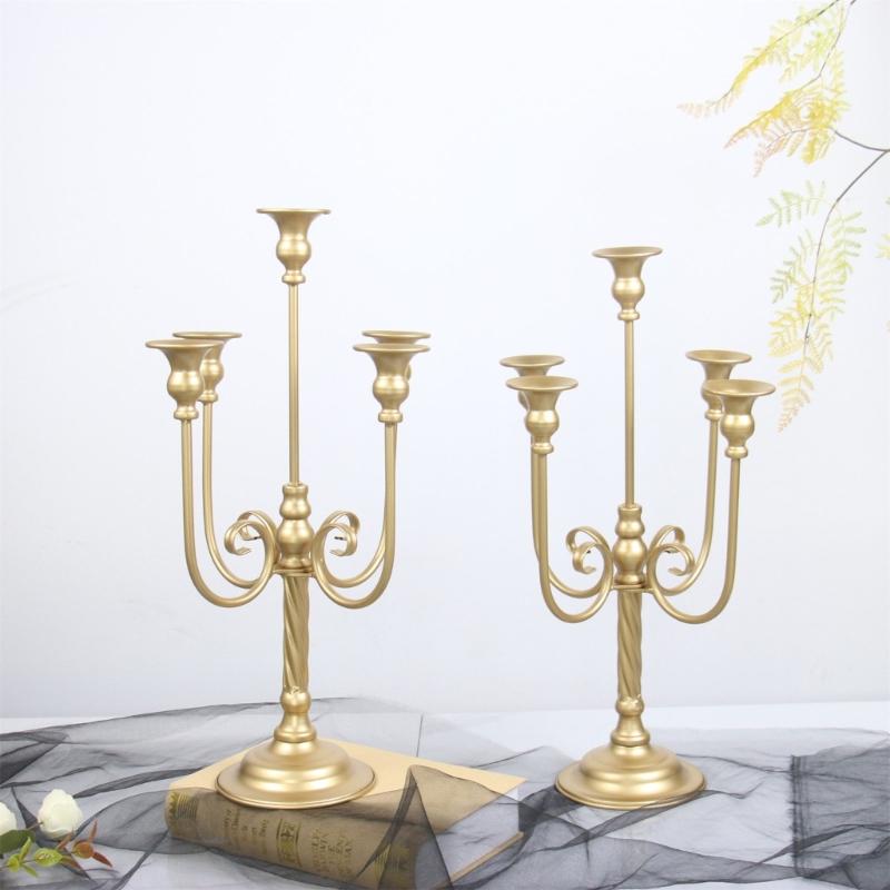Iron Candelabra Tapers Candle Holders Candlestick Centerpieces with Five Candle Positions, a Golden Finish, and Formal Dinner or Ceremony Table