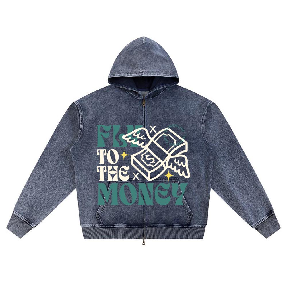 

DTG print Knitted Denim Zip-Up Hoodie Fly to the Money Brother Print Zipper Hoodies XL темно-синий
