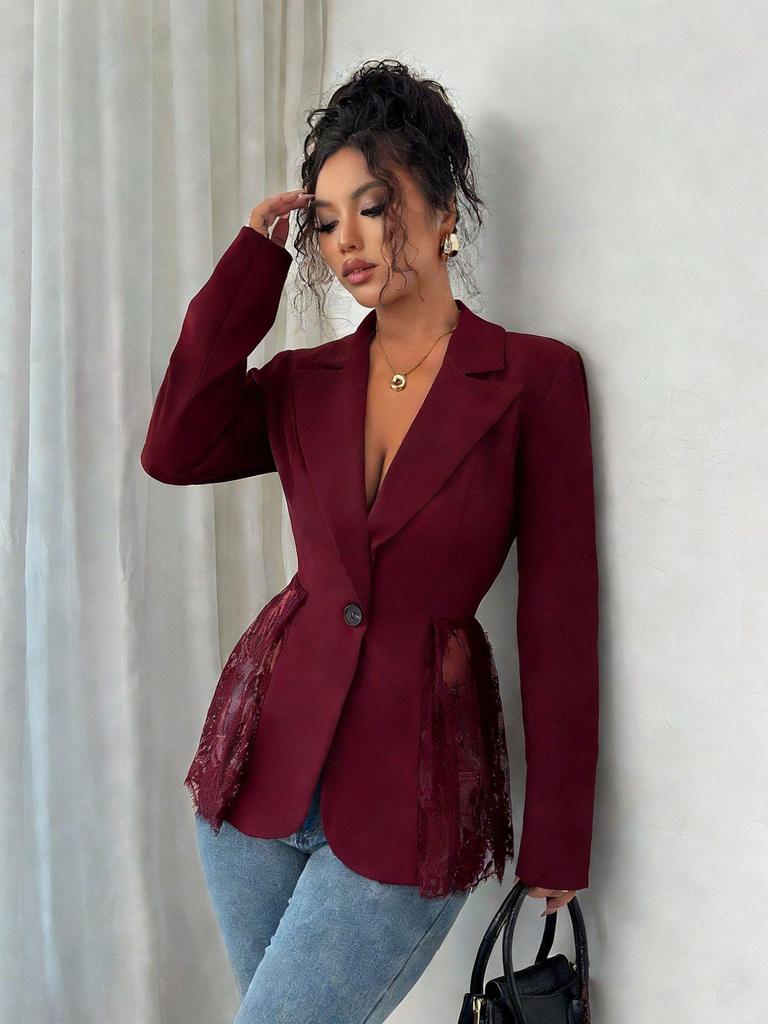 2026 Spring/Autumn Color Block Lace Waist Slimming A-line Women's Suit Jacket