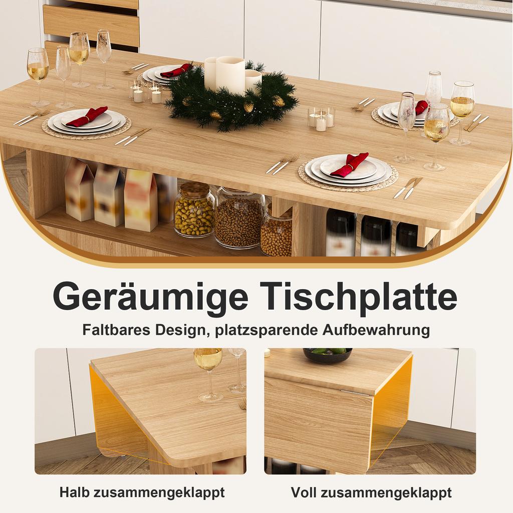 Stačiakampis sulankstomas mobilus valgomojo stalas 110x70x80 cm, su 5 lentynomis ir 5 ratukais, taupantis vietą virtuvei, biurui, šviesaus ąžuolo išvaizdos