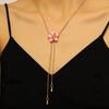 Adjustable Pink Enamel Flower Lariat Necklace with Teardrop Accents for Women